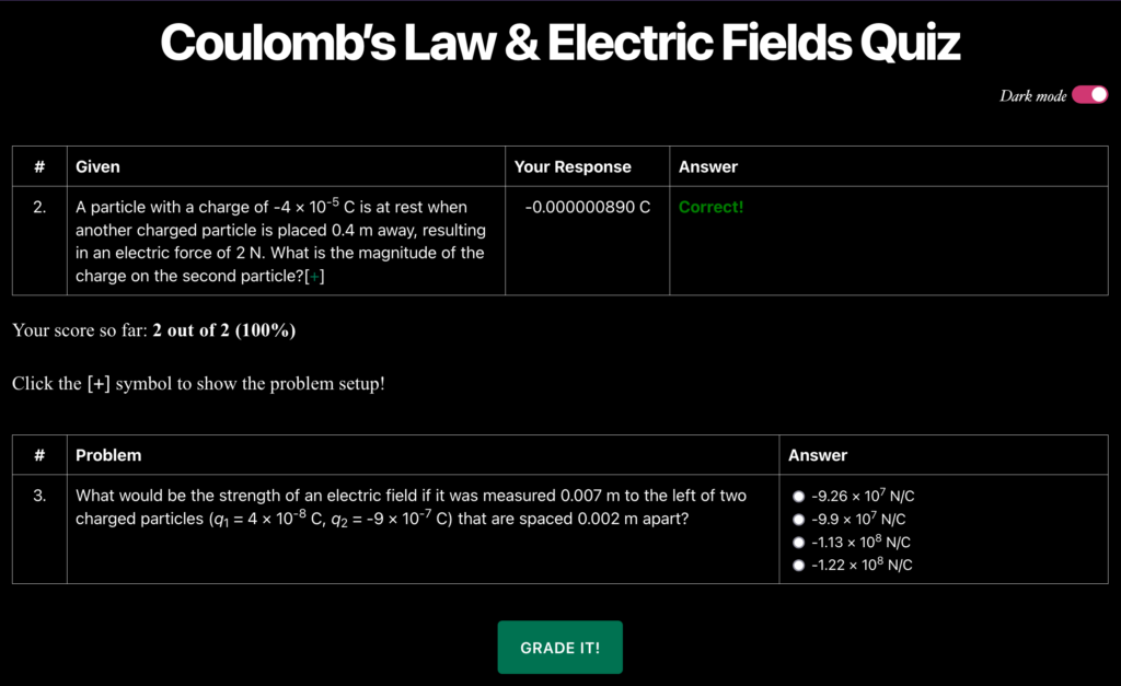 A screenshot from the Coulomb's Law & Electric Fields Quiz shows the new Continuous Mode and Dark Mode options