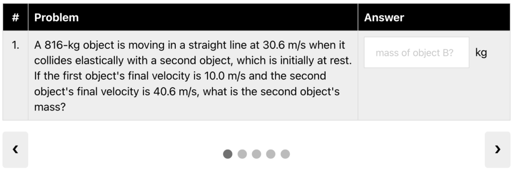 A screenshot of a question from the Linear Momentum & Collisions Quiz on PhysQuiz.net