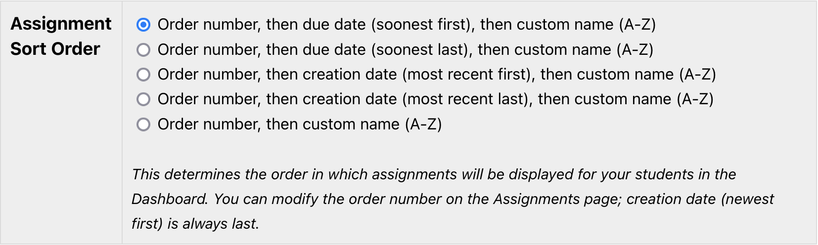 Screenshot shows changing sort order in PhysQuiz.net Dashboard