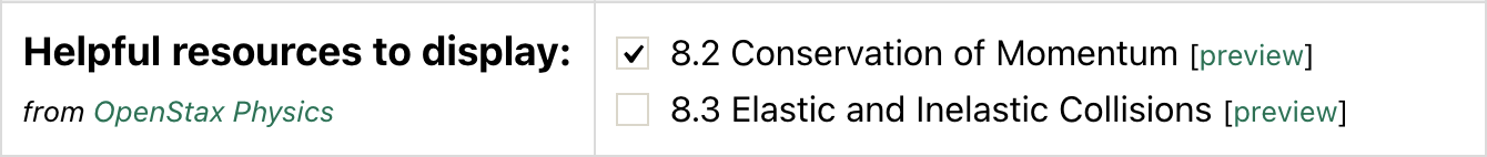 Screenshot shows online textbook resources for the Linear Momentum Quiz
