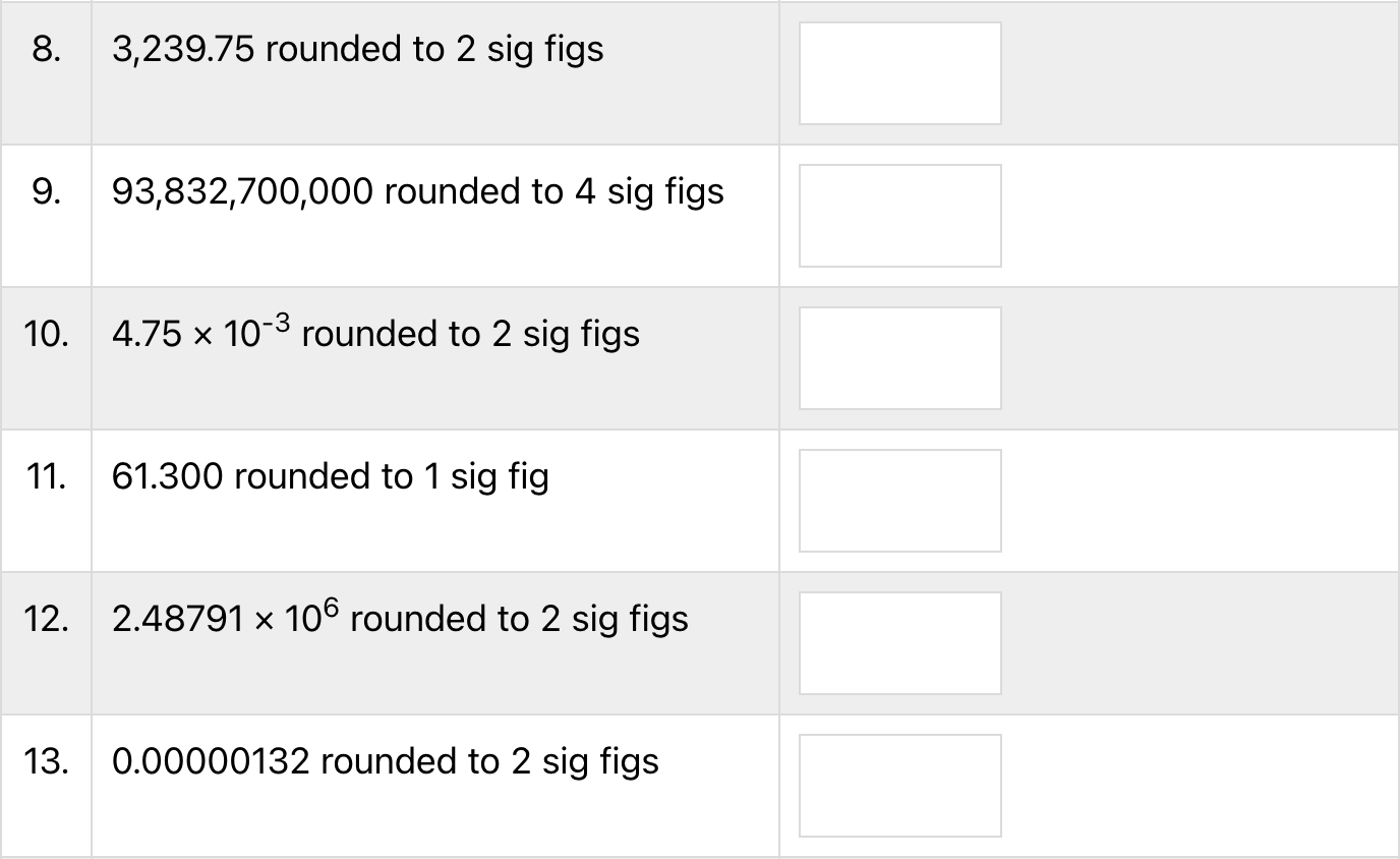 Screenshot of new rounding problems in Significant Figures Quiz