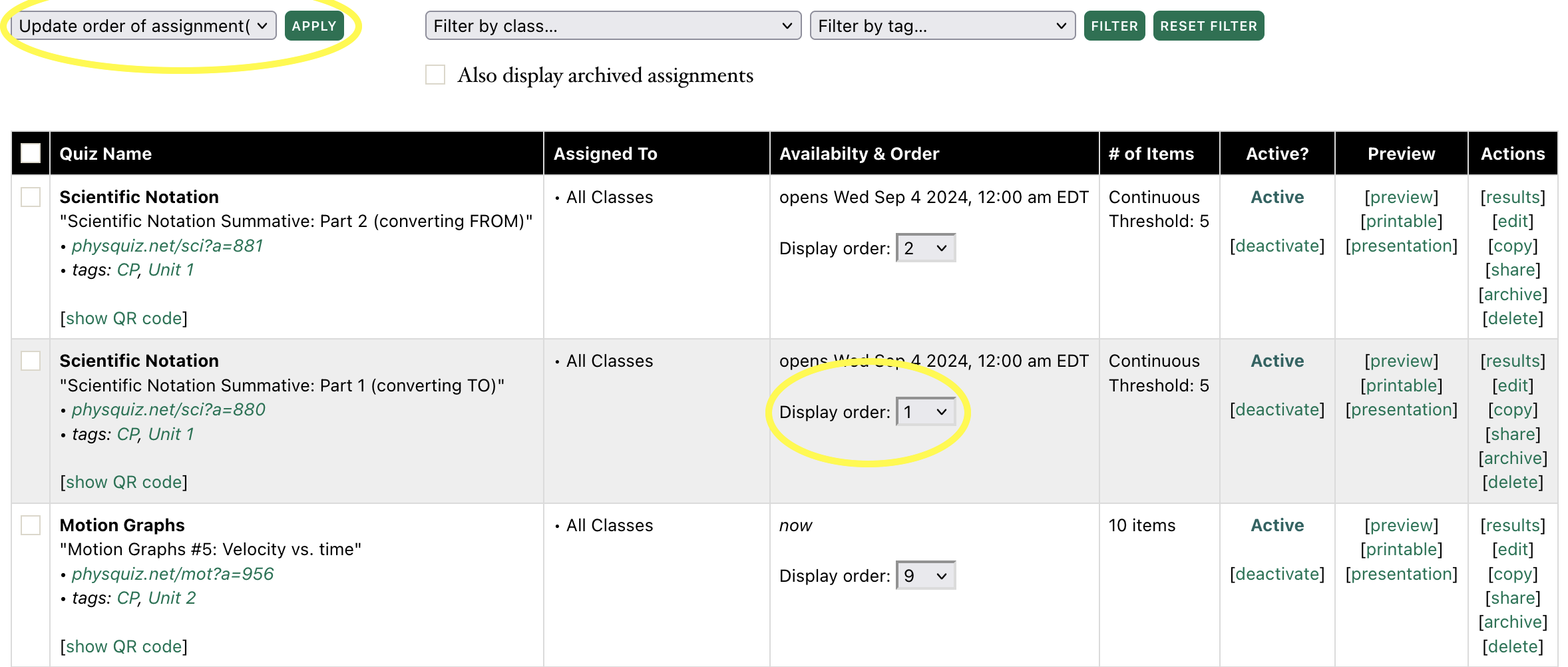 Screenshot shows the new option to change assignment oder